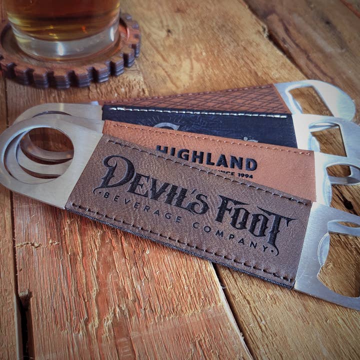 Engraved Leather Bottle Opener with Logo for wholesale by Rad Werx Design