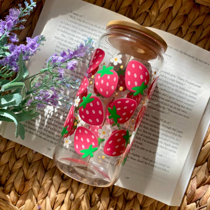 Strawberry Girl Iced Coffee Glass Cup with Lid Straw for wholesale by Emilee on Crafts