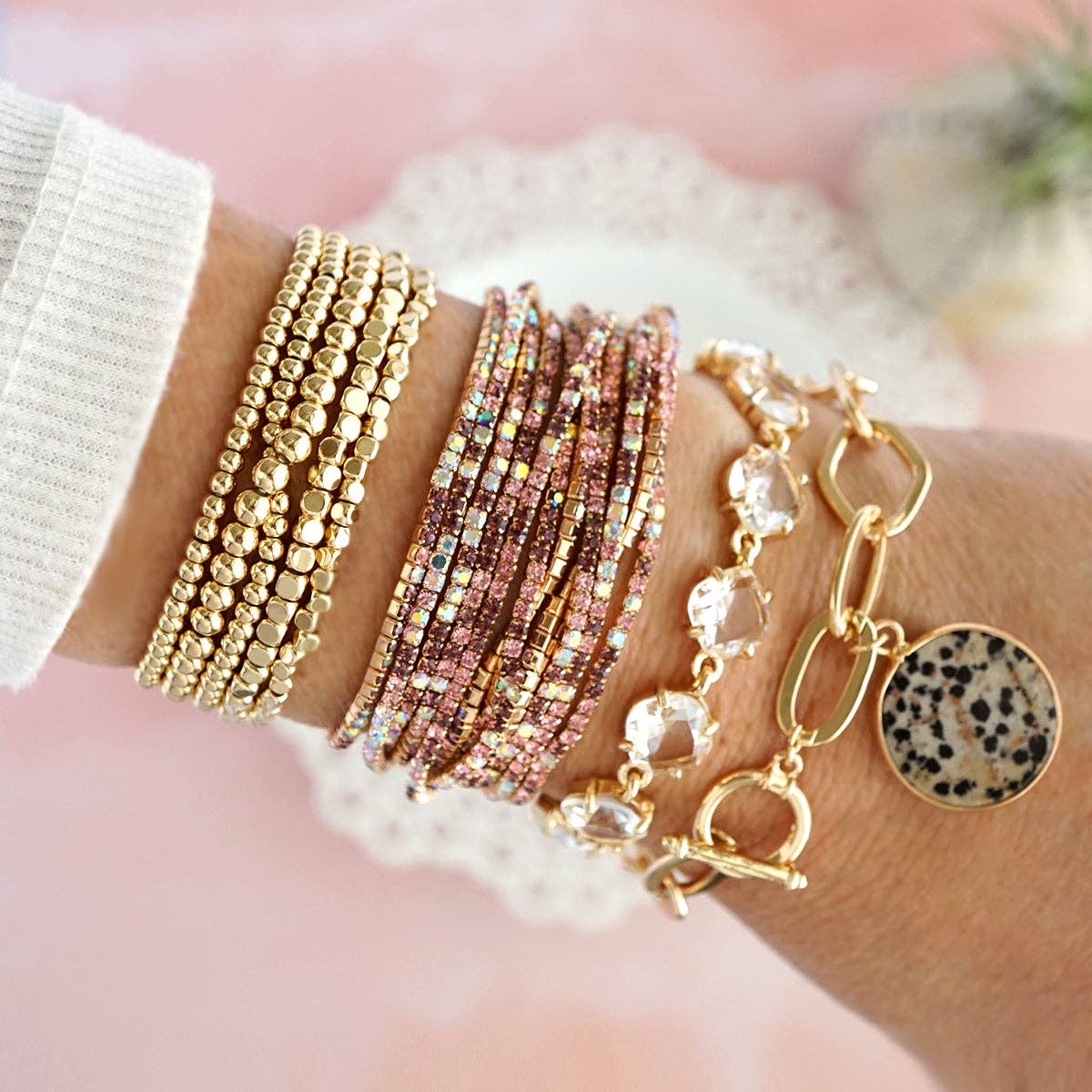 PennyLine inc - Wholesale Link & Chain Bracelet - Stretchy Bracelets Stack with Rhinestones in Pinks and Purple2