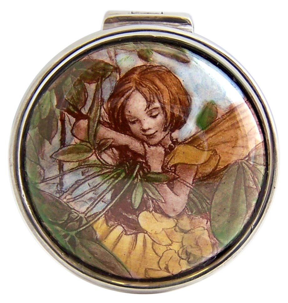 Corbell Silver - Wholesale Decorative Box - Pillbox Round Shape with Enamel Girl Fairy 1" Diameter x .5" High English Sterling Silver. SKU #: PB600.0