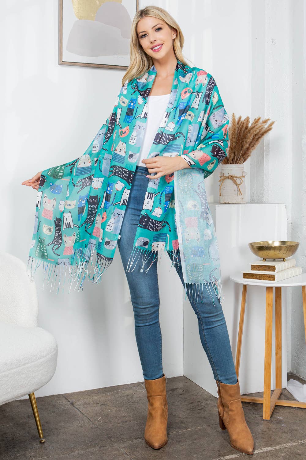 LA Soul – wholesale Halsduk - Dam – Sjal med kattmotiv i teal1