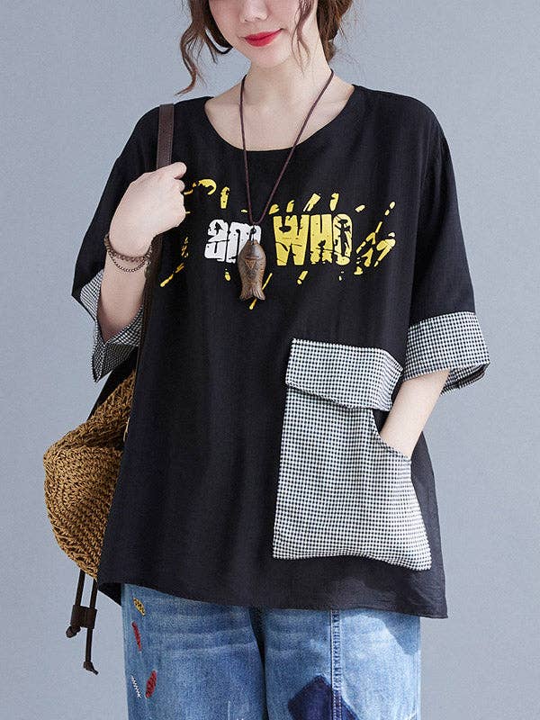Original Letter Print Split-Joint Round-Neck T-Shirts Tops for wholesale by VividLux
