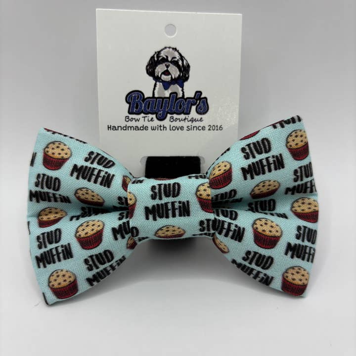 Stud Muffin dog Bow Tie, novelty dog bow tie for wholesale by Baylor's Bow Ties
