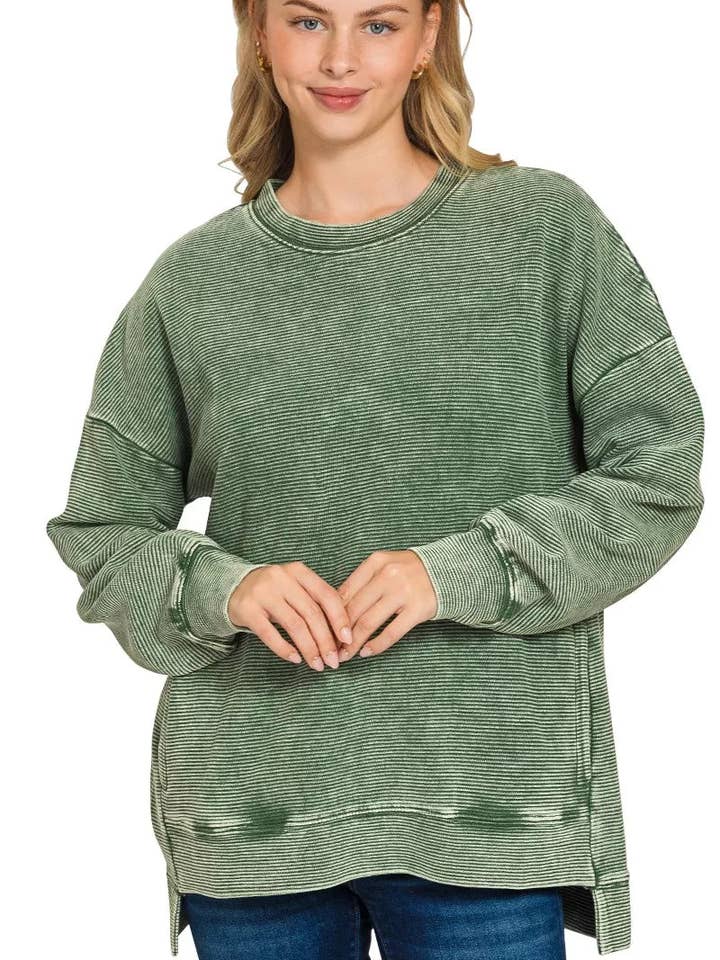 DK GREEN Zenana Full Size Acid Washed Double Ribbed Hi-low Sweatshirt Plus Size for wholesale on Faire
