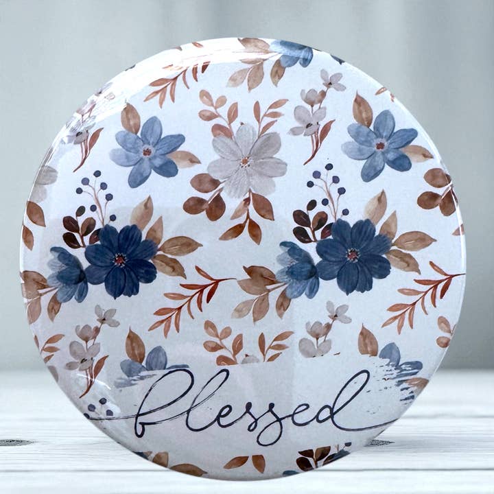 Flower 3" Round Mirror (Blue + Gold) for wholesale by Monumental Prints & Pins