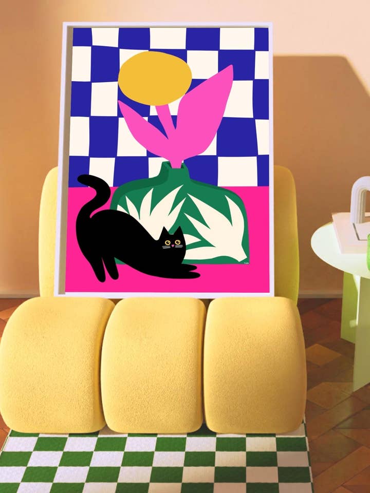 Checked Cat Art Print: Colourful Feline Illustration for wholesale by The Paper Tail