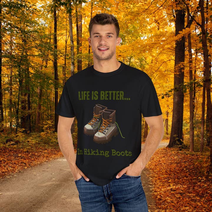 Restored By Nature Company - Wholesale Screen Printed T-Shirt - Unisex - Unisex Graphic Tee – Life Is Better…In Hiking Boots – Soft Cotton18