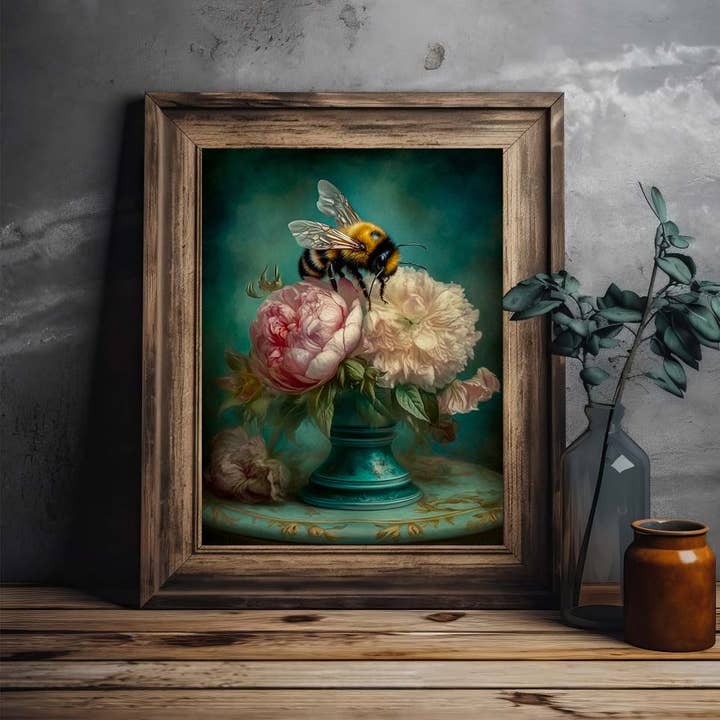 Salty Alyce - Wholesale Art Print - Bee and Pink Peonies Still Life Wall Art RA381
