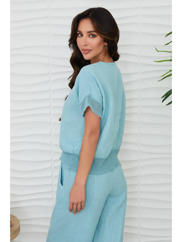 MILIO MILANO - Wholesale Blouse - Women's - MESH SLEEVE/HEM CREW NECK LINEN TOP (13996/155023)6