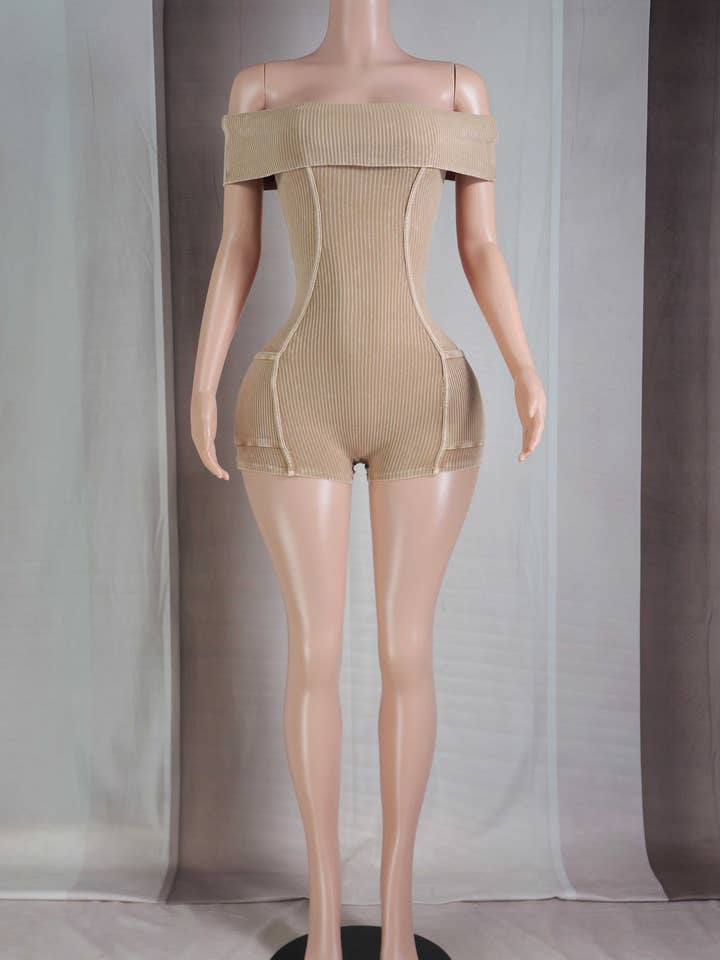Lt Brown MINERAL WASH OFF SHOULDER CARGO CONTOUR ROMPER for wholesale on Faire