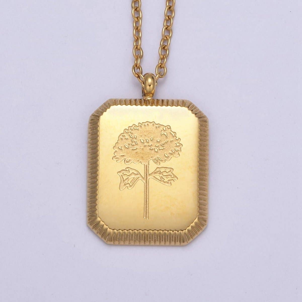 Aim Eternal - Wholesale Pendant/Charm Necklace - Gold Flower Tag Charm Engraved Floral Pendant Necklace with Cable Chain Necklace Wholesale Fashion Jewelry | WA-649 to WA-660 Clearance Pricing9