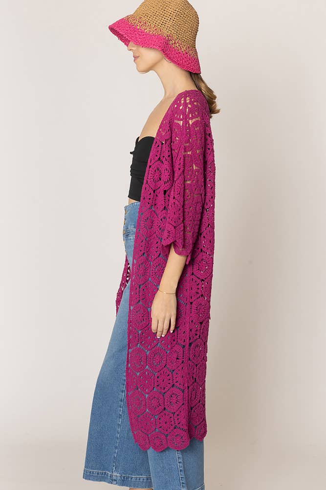 Hana - Wholesale Cardigan - Women's - Geometric Pattern Crochet Long Solid Cardigan4