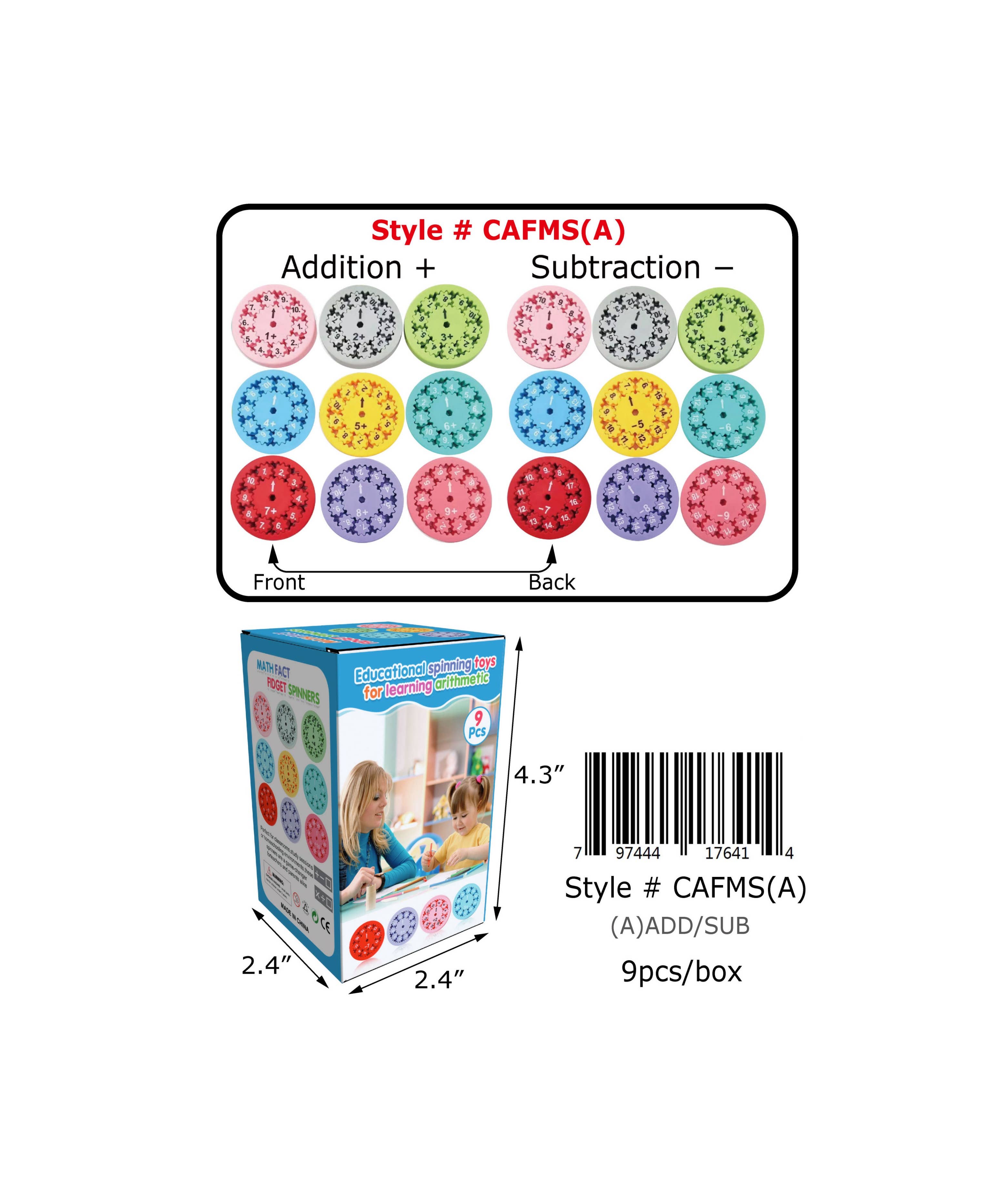 Confetti Two LLC - Wholesale Fidget Toy - Kids - Fidget Math Spinners, Addition & Subtraction, 9pcs/box