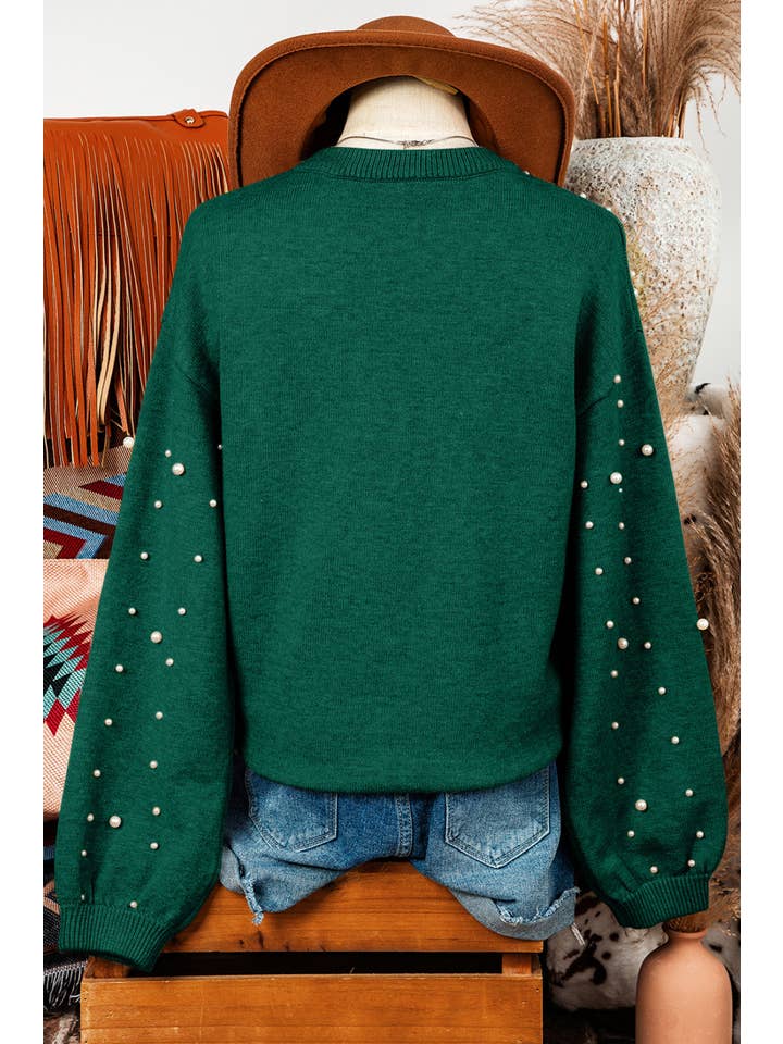 fashionworks - Wholesale Knit Sweater - Women's - Fashion-W Pearled Drop Shoulder Round Neck Sweater