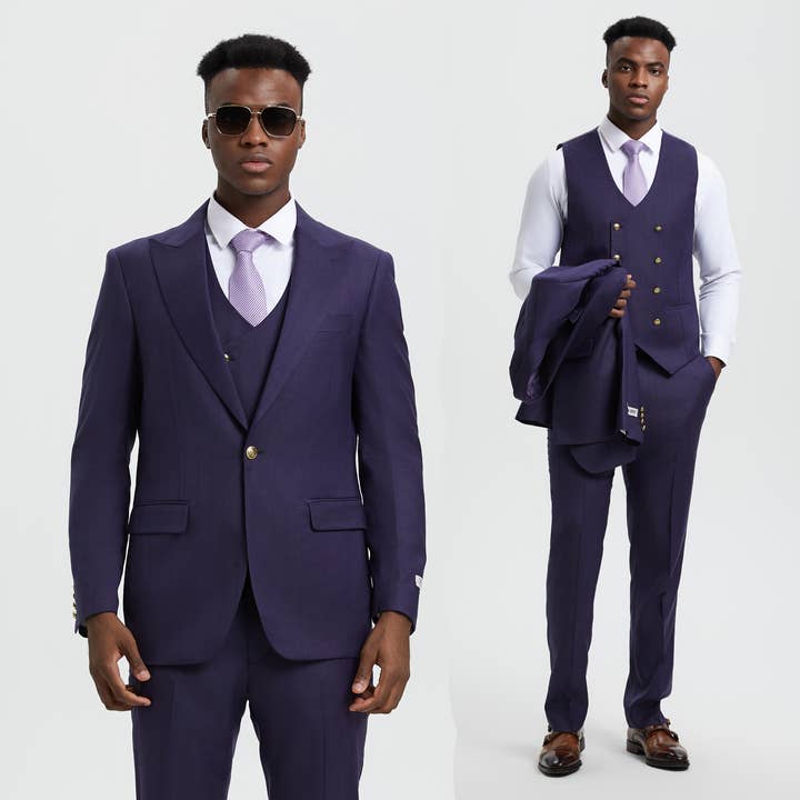 3-PC Pinstripe Suit, Double Breasted Vest, Purple (SM165H1) for wholesale by Suits America