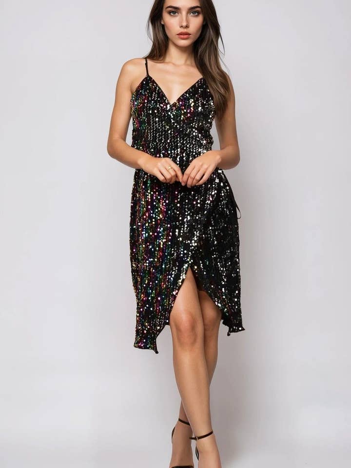 Flerfärgad Sequin Velvet Mini Wrap Klänning för wholesale av Aftershock London