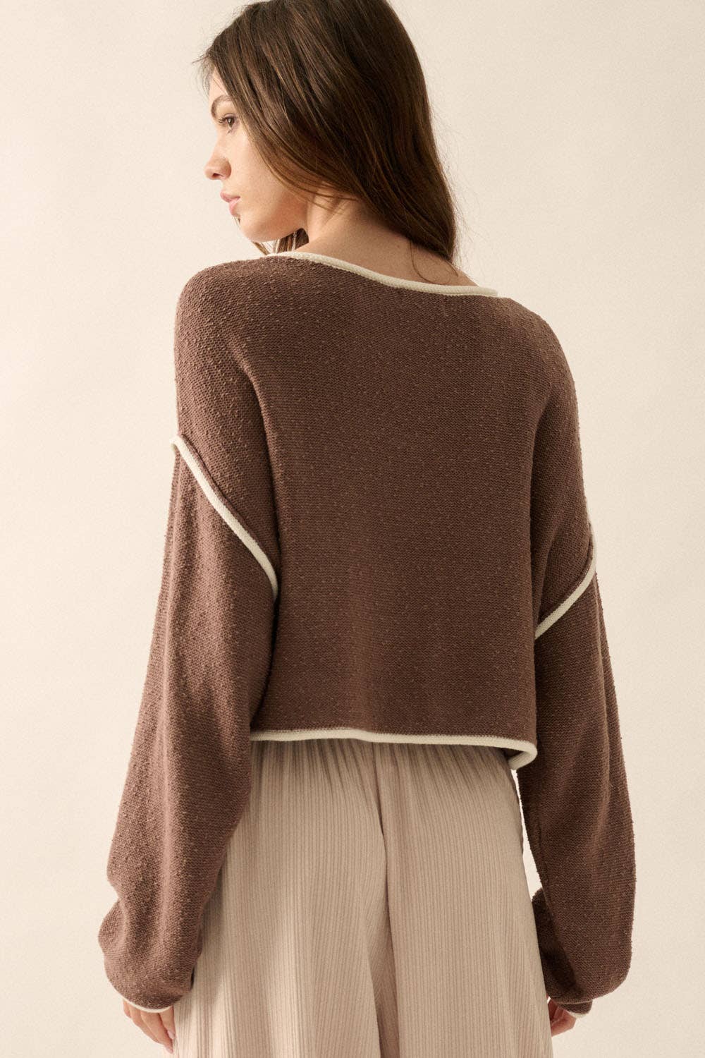 Promesa USA - Wholesale Knit Sweater - Women's - Loose Knit Boat Neck Exposed Seam Crop Sweater11