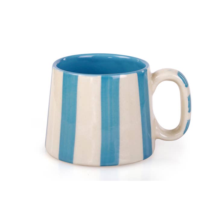 Casa Amarosa - Wholesale Coffee/Tea Cup - Ceramic Aqua Blue Stripe Coffee cup- 220ml