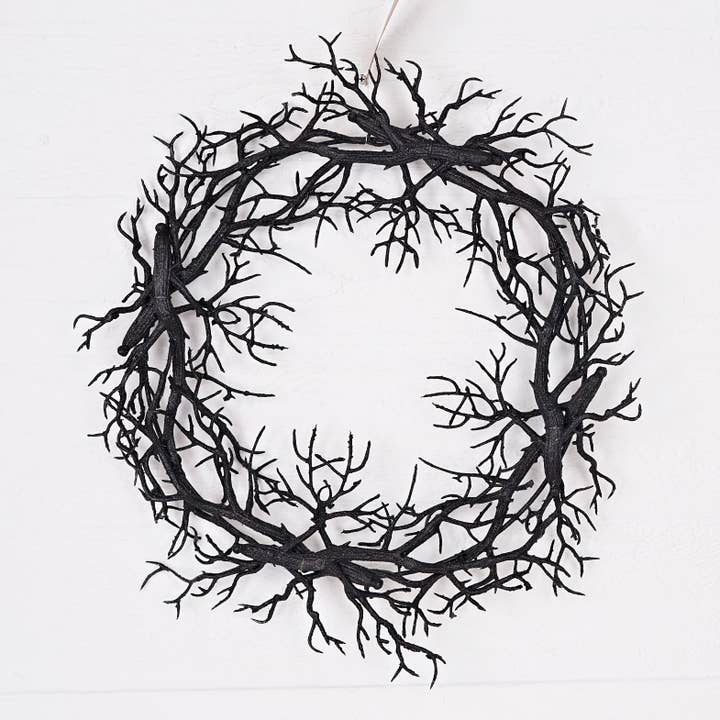 30770-20-inch Wreath with Black Glittered Wispy Twigs for wholesale by Holiday Depot Inc.