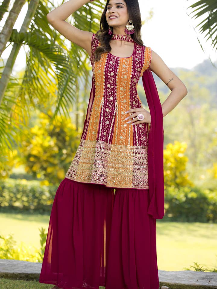 Robe Sharara de fête en georgette marron rougeâtre pour femmes - Travail de broderie pour la vente par HATKE BRIDE