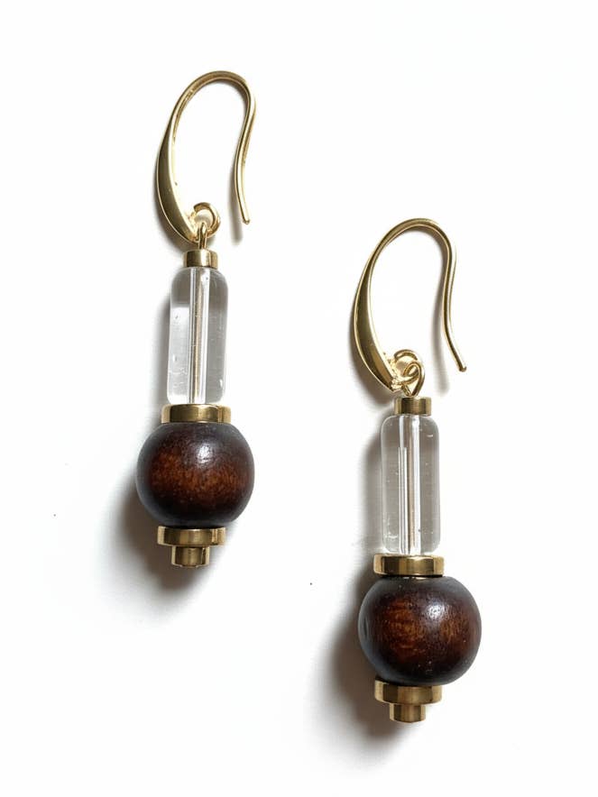 FRTE19 - 18k Gold plated Earring Hooks and Hematite details teamed with glass and stained wood for wholesale by Gist Jewellery