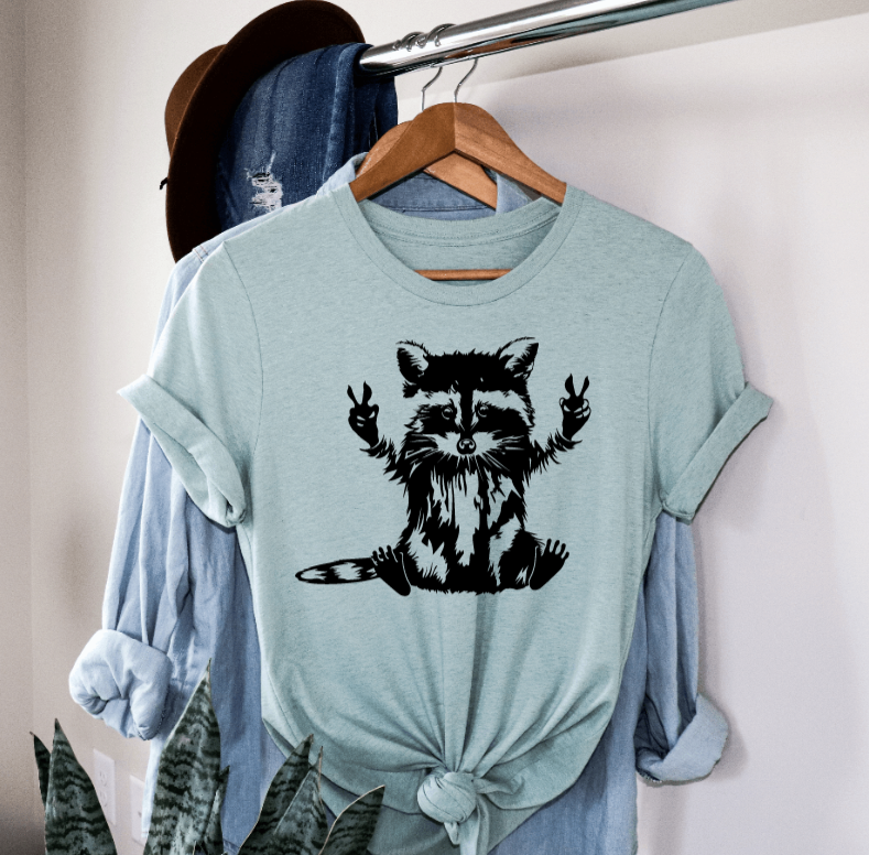 Tron Tron Graphic Wear – wholesale Screen printed t-shirt – Women′s – Peace Loving Raccoon Tee 1