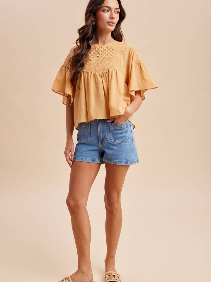COTTON EMBROIDERED FLUTTER SLEEVE TOP for wholesale by In Loom