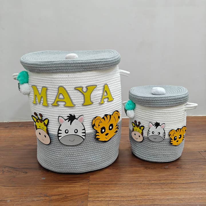 Jute- och bomullskorg med lock - Smoky Safari för wholesale av Ash and Vi