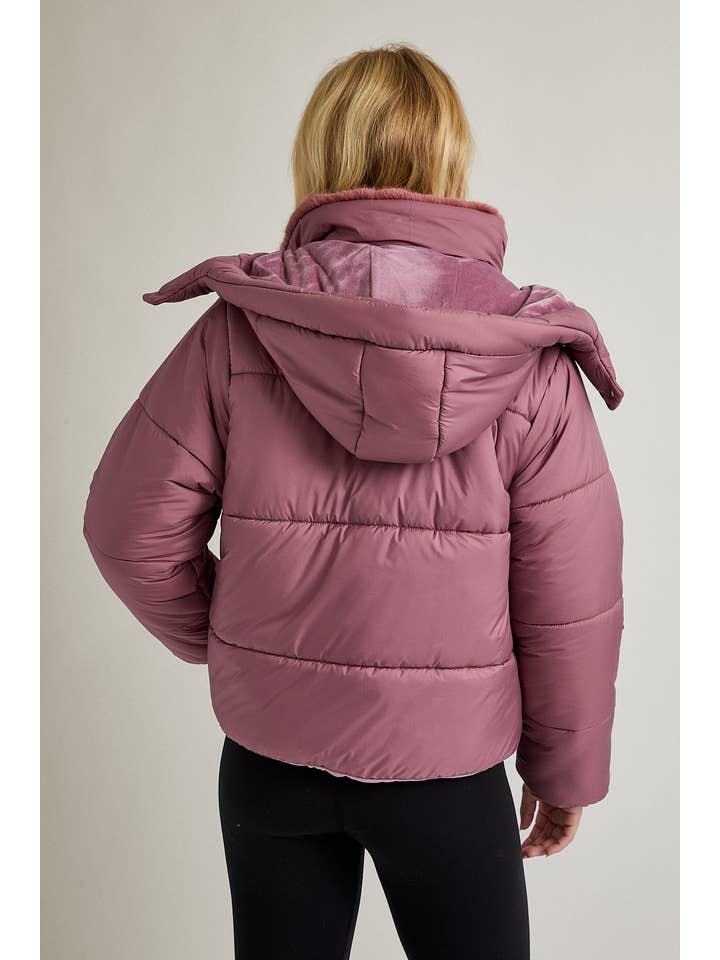 MAUVE PUFFER JACKET WITH ATTACHABLE HOODIE for wholesale on Faire6