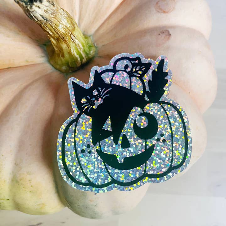 Black Cat and Jack O Lantern Pumpkin Holographic Rainbow Gli für den Großhandel von The Moxie Fox