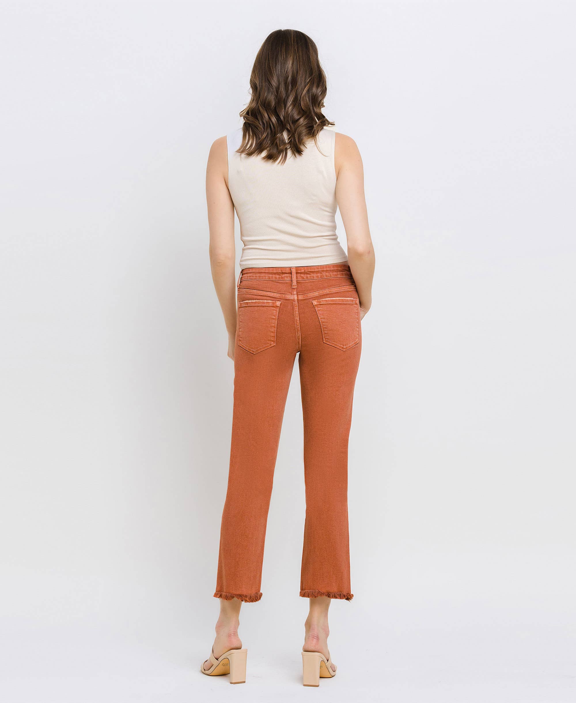 BAKED CLAY MID RISE FRAYED HEM CROP SLIM STRAIGHT JEANS V3500BKC for wholesale on Faire14