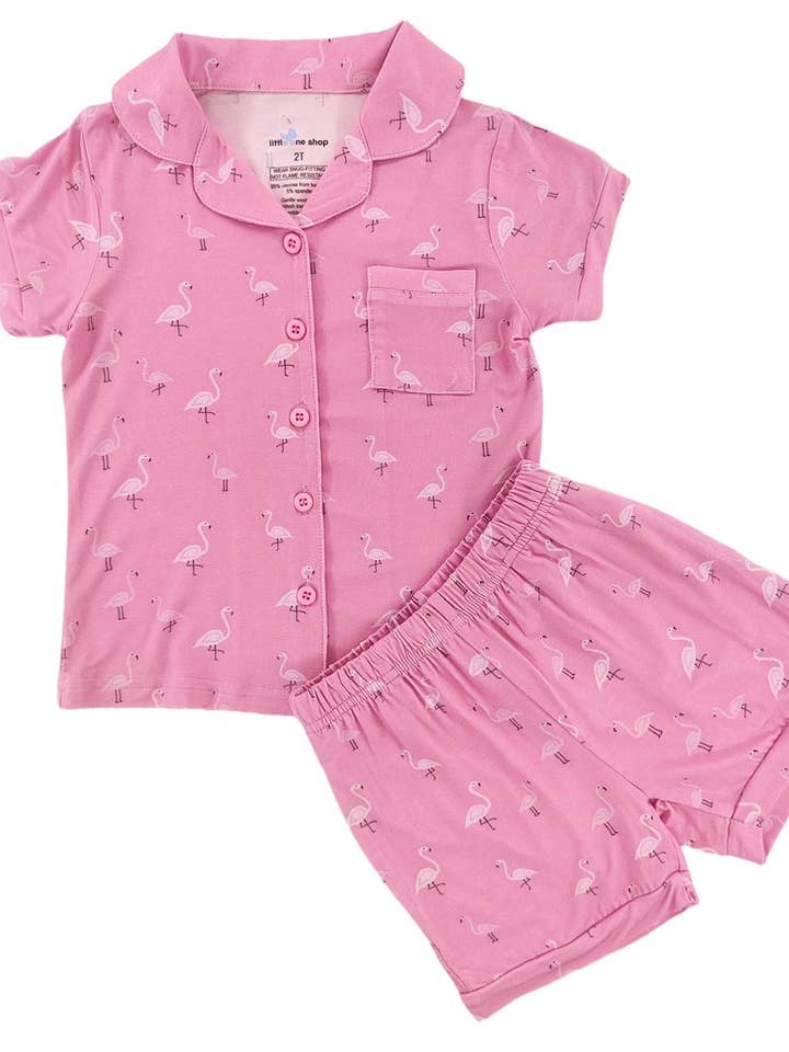 Pink Flamingo Bamboo Short Button Up Set for wholesale by Little One Shop