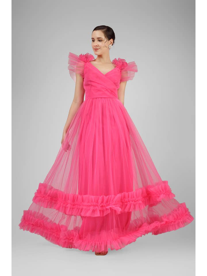 Nova Pink Tulle Corsage Maxi Dress for wholesale on Faire4