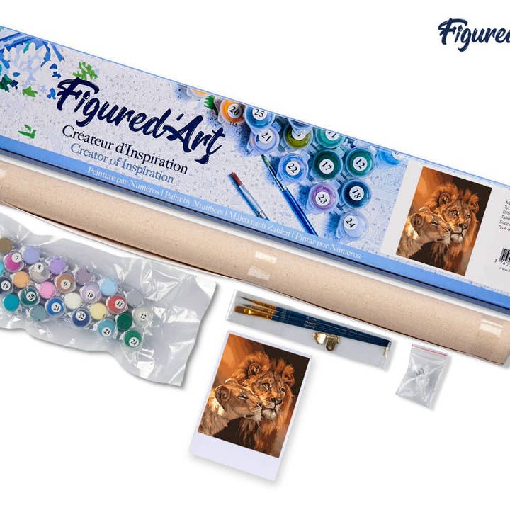 Figured'Art - Vente Kit de bricolage - Peinture par numéro Couple Lion et Lionne - Toile roulée