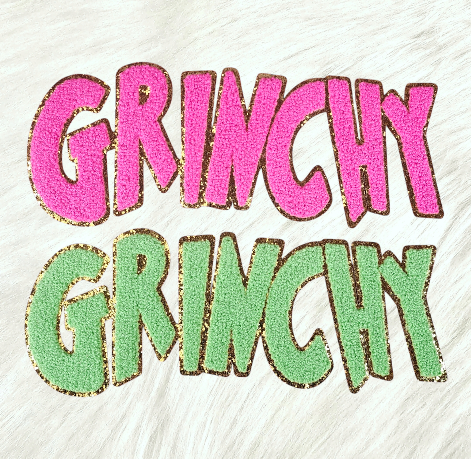 Scratch Decor - Wholesale Patch - Grinchy Word Chenille Gold Glitter Iron-on Patch1