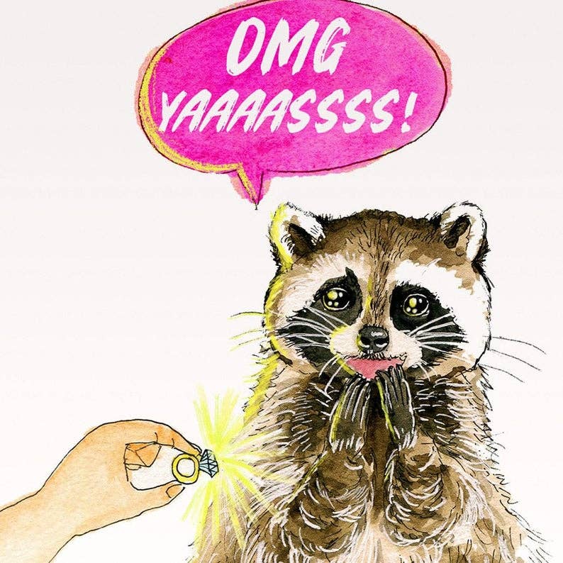 Liyana Studio – Großhandel Verlobungskarten – Yaaas Engaged Raccoon - Lustige Verlobungskarte1