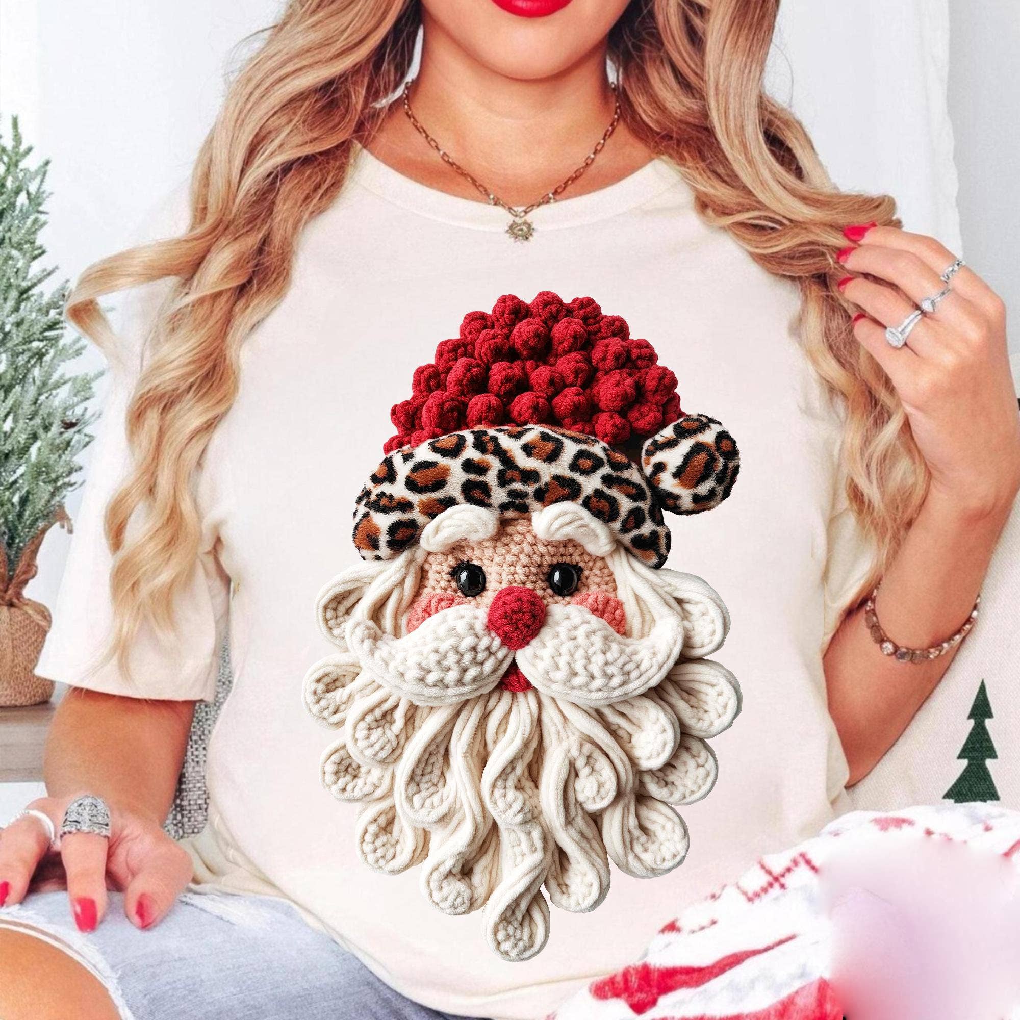 NVC Ecommerce LLC – Großhandel T-Shirt (Grafikdruck) – Damen – Leopardenmuster Weihnachtsmann Faux-Häkelshirt, Retro Garn Pink Weihnachten1