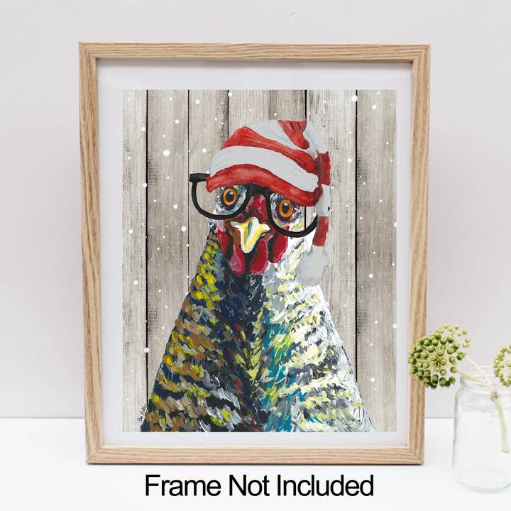 Christmas Chicken Art Print, Fun Christmas Wall Decor for wholesale by Hippie Hound Studios