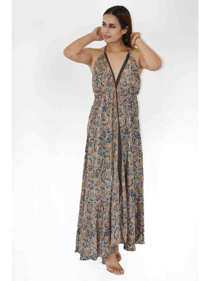 Humanity Centred Designs – Engroshandel Kjole - Dame – Boho kjole halterneck hals rygløs trykt fuld længde flæse6