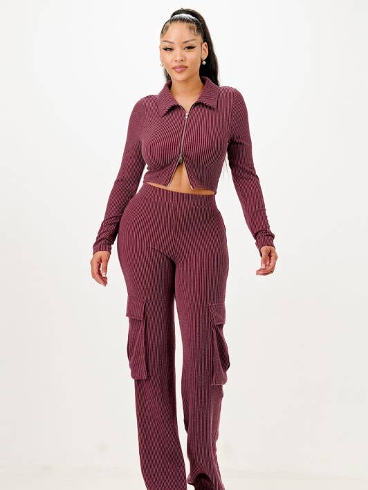 A20024-Urban Rib 2-Way Zipper Jacket & Cargo Pant Set for wholesale by April Moon