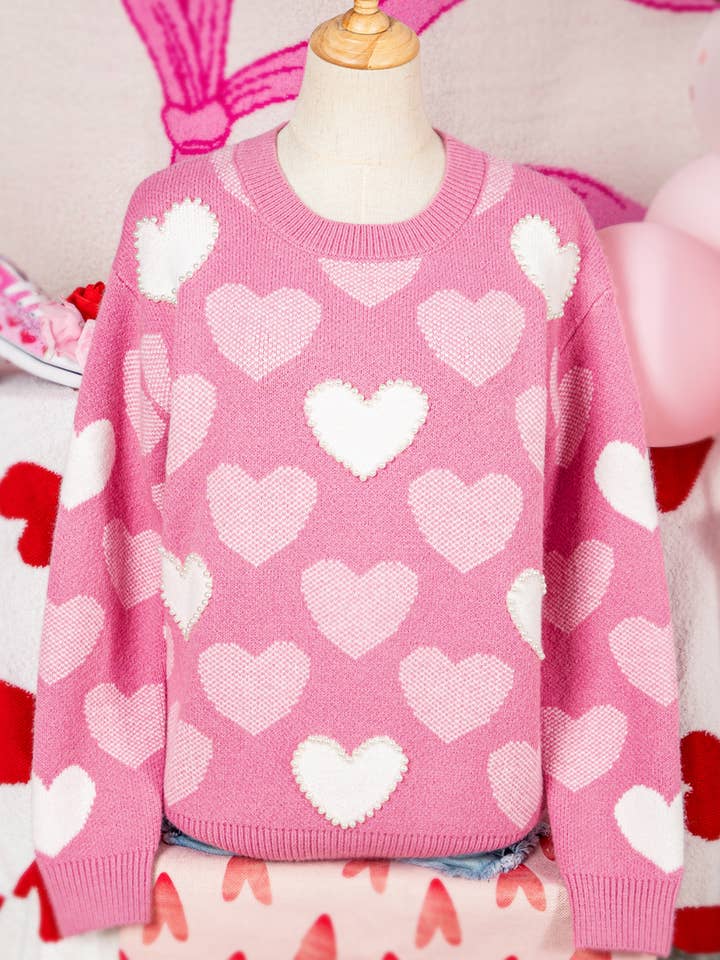 Fashion-W Pearled Heart Print Valentines Crew Neck Sweater for wholesale by fashionworks