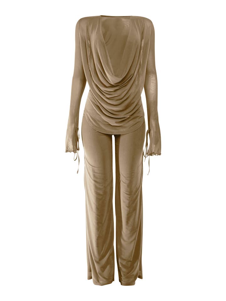 K Too – Großhandel Set aus Oberteil und Hose (NICHT Loungewear) – Damen – Langarmshirt mit Wasserfallausschnitt & Hose mit weitem Bein Set