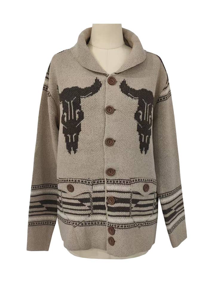 Khaki Western Cowboy Rodeo Horse Knit Sweater Cardigan for wholesale on Faire