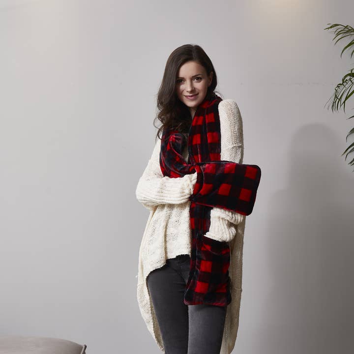 "Red & Black Plaid" Faux Fur Pocket Scarf for wholesale by Duke Imports