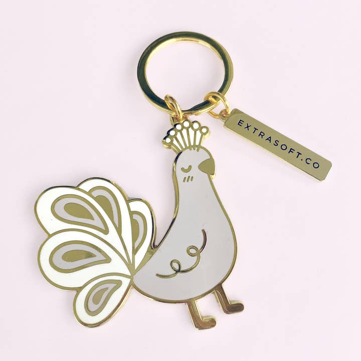 Peacock Keychain | Gold Metal Keyring - White - Albino for wholesale by Extrasoft.co