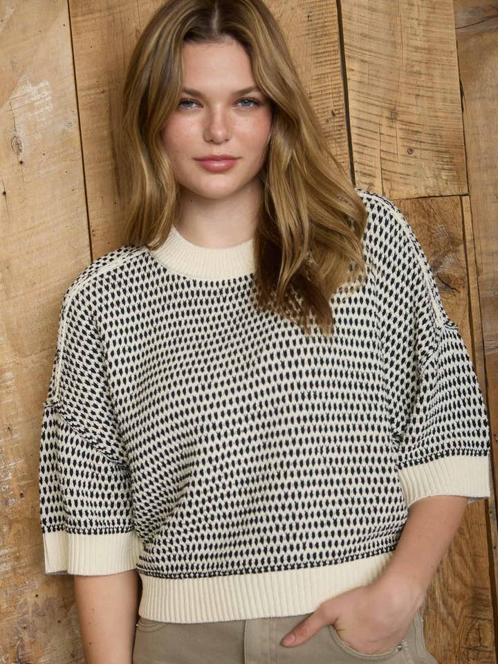 MULTI-STITCH CONTRAST TRIM SHORT SLEEVE KNIT SWEAT for wholesale by Blu Pepper