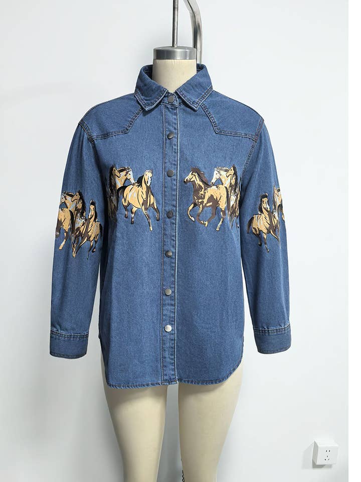 Casaco de Ganga Vintage com Estampa de Cavalo Selvagem XYK065 por atacado de UNISHE