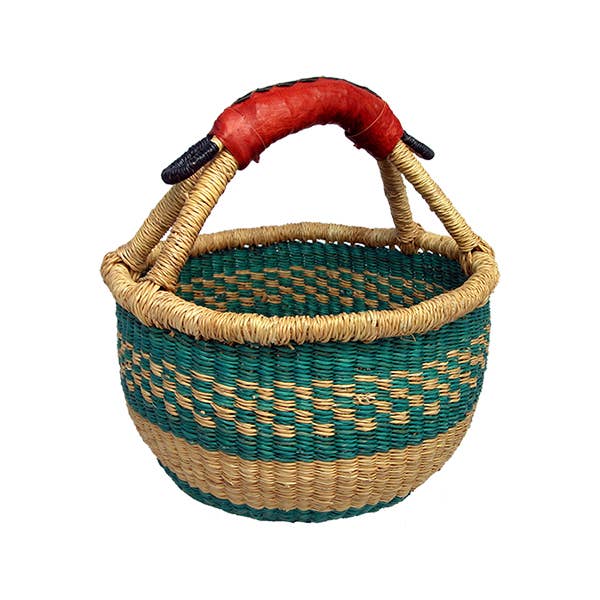 African Market Baskets - Wholesale Basket - G-149A: Mini Round Basket w/Leather Handle = 4 Per Case
