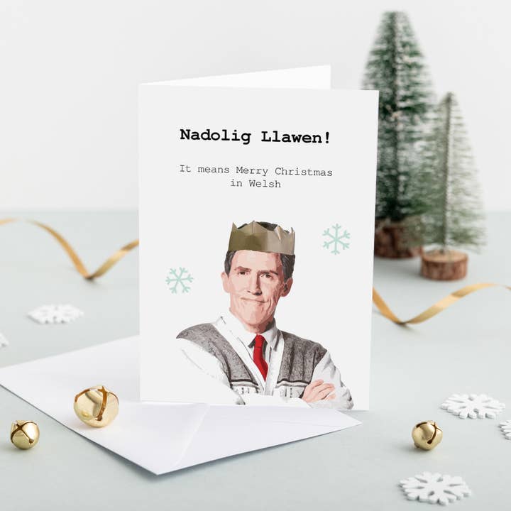 Walesiskt julkort 'Nadolig Llawen' Farbror Bryn - Gavin och Stacey för wholesale av Draenog