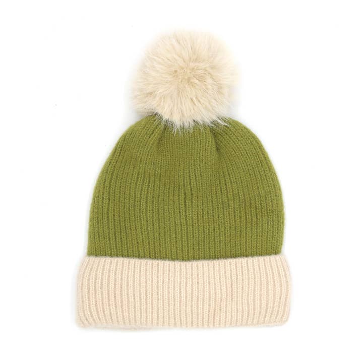 Pink Irene Wholesale - Wholesale Beanie - Women's - TWO TONE KNIT POMPOM BEANIE